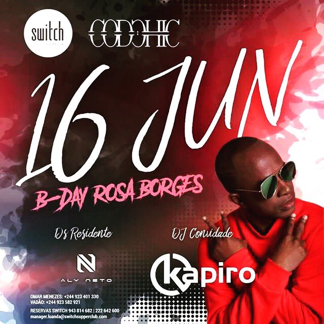 💥HOJE💥
SWITCH by 🔸COD:CHIC🔸

B-Day: ROSA BORGES

DJ Convidado
KAPIRO

DJ Residente 
ALY NETO

#somostodoscodchic
☎ Infoline I Reservas: