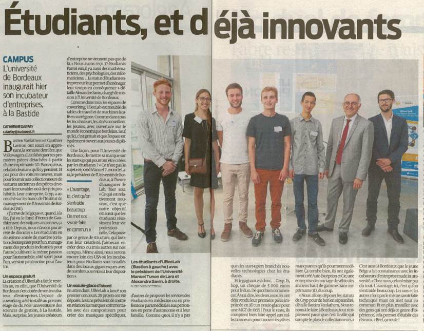 UBee_Lab's tweet photo. Retour sur l'annonce du lauréat de #UBooster2017 et l'inauguration de @UBee_Lab avec l'article @sudouest paru hier #étudiant #entrepreneur https://t.co/DTv4Hm9TdF