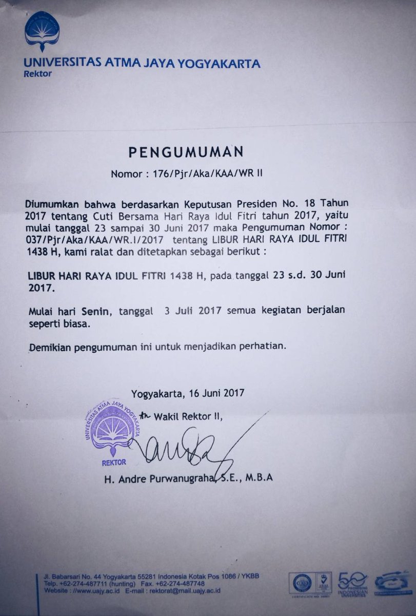 Pengumuman Libur Idul Fitri 1438 H  #InfoUAJY #UAJY #UAJYJogja(