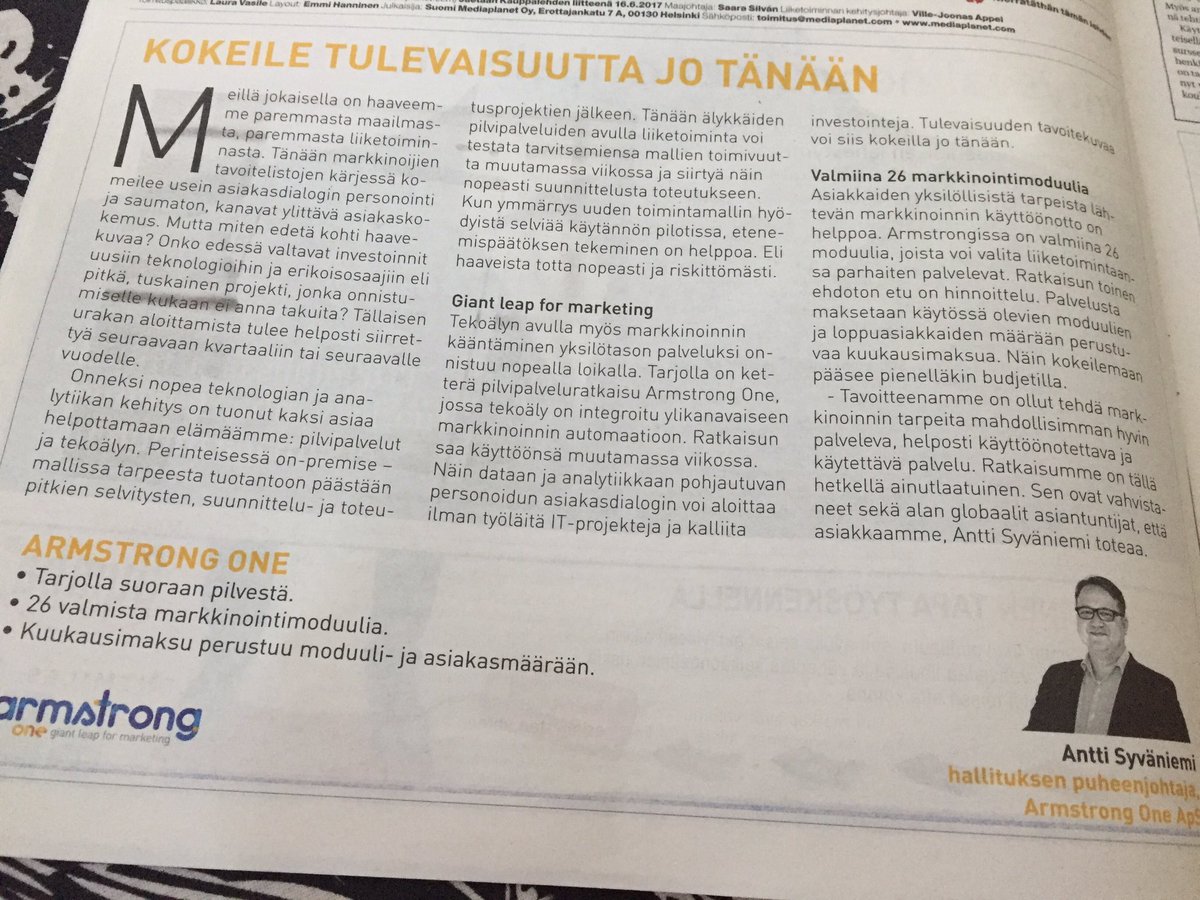 TommiVarjonen's tweet photo. Datasta tehoa markkinointiin #armstrongone @syvaniem https://t.co/4BpCLtWxRG