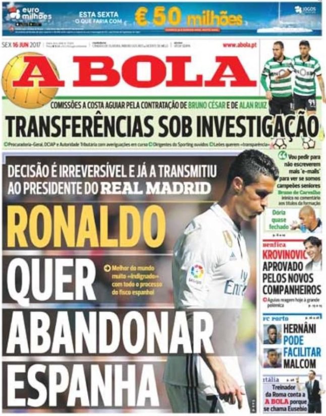 SkySportNews's tweet photo. "Ronaldo will Spanien verlassen", schreibt "A Bola". Grund: Die Steuerhinterziehungs-Anklage. Für wie realistisch haltet ihr das Gerücht? https://t.co/TOPcpGg9O4