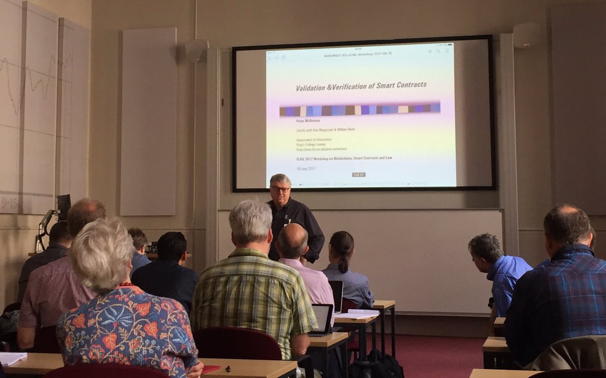 DanMagazzeni's tweet photo. Prof Peter McBurney presenting our joint paper on #Validation and #Verification of #smartcontracts at #ICAIL2017 #AI #LAW #Blockchains https://t.co/6TZzNGi91G