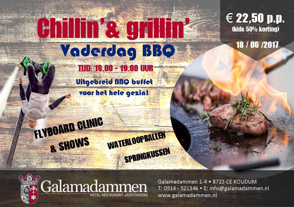 Nog enkele plaatsen beschikbaar voor de Vaderdag BBQ! Opgave kan tot vandaag 18.00 uur! #Vaderdag #Flyboarden #Galamadammen