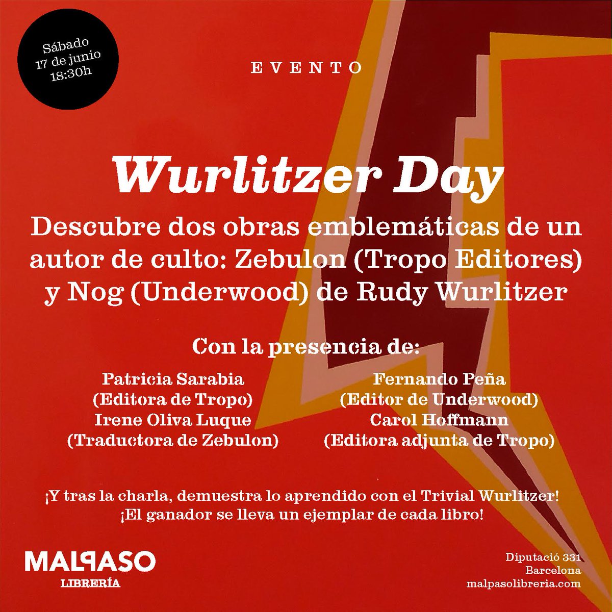 ¡ESTE SÁBADO EN @Malpasolibreria VENID A JUGAR AL TRIVIAL DE WURLITZER!