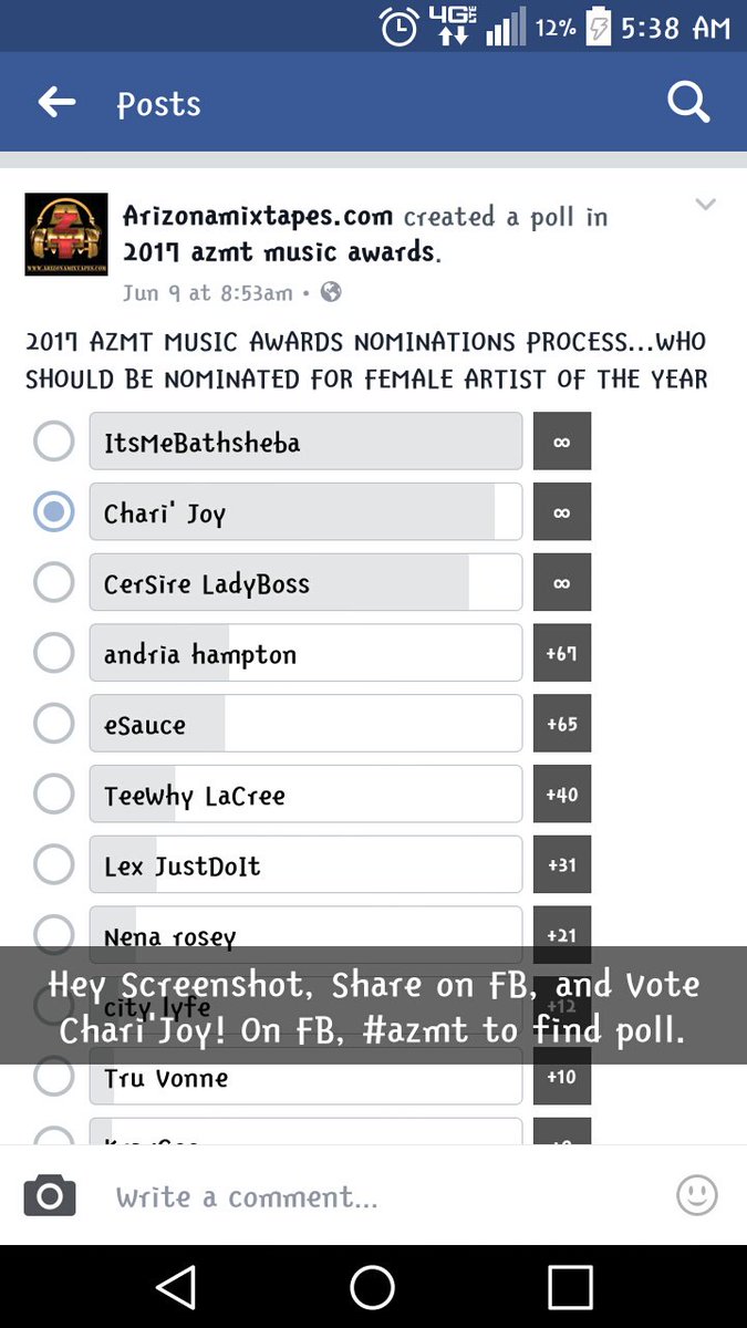 MalloryLuckey's tweet photo. Vote Chari'Joy on FB!! #azmt @charijoyartist Come on let's get it!!π―π― https://t.co/RKWFHOpxPQ