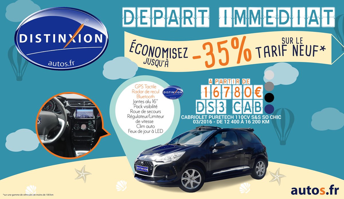DistinxionAutos's tweet image. Grosses chaleurs prévues ce weekend ! ☀️
Comme une envie de rouler le long de la côte en #DS3 Cab non ? ⛱️
--&amp;gt; goo.gl/wRNPNr