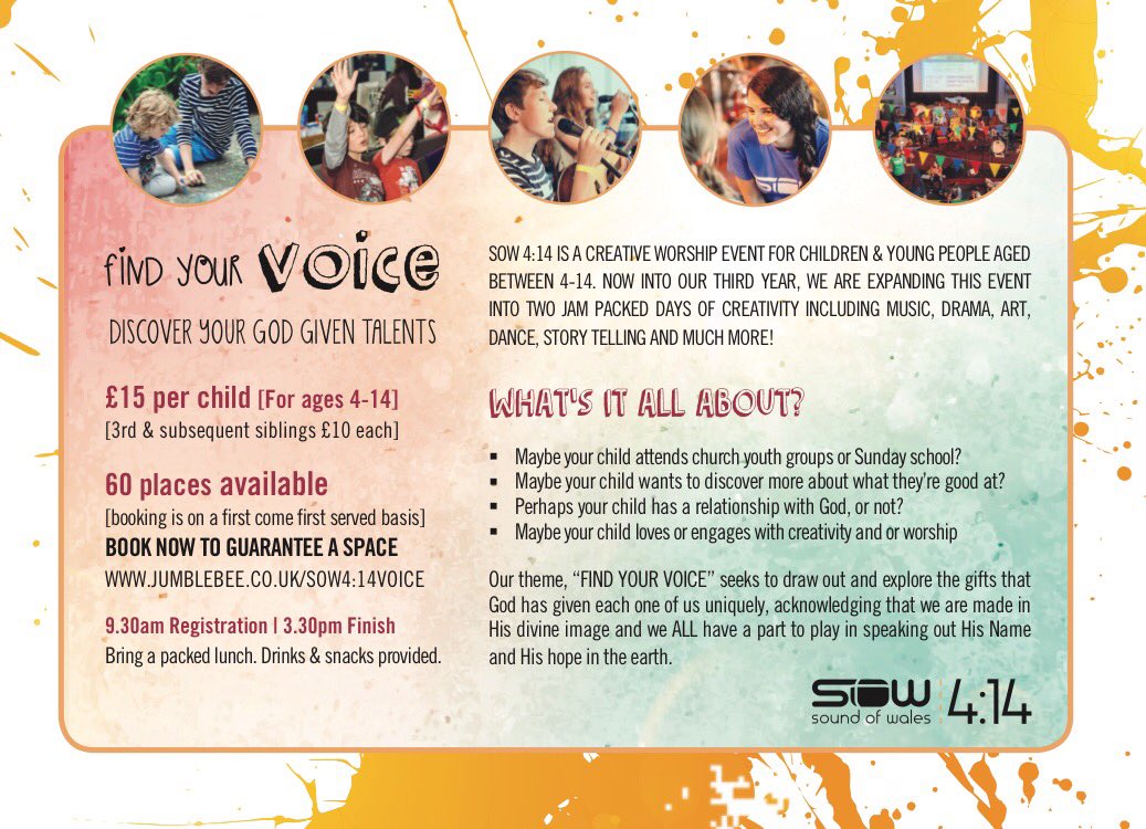 Our kids conference SOW 4:14 is happening again 25-26th July! Deets below! Limited spaces so get ur tkts now from jumblebee.co.uk/SOW414voice