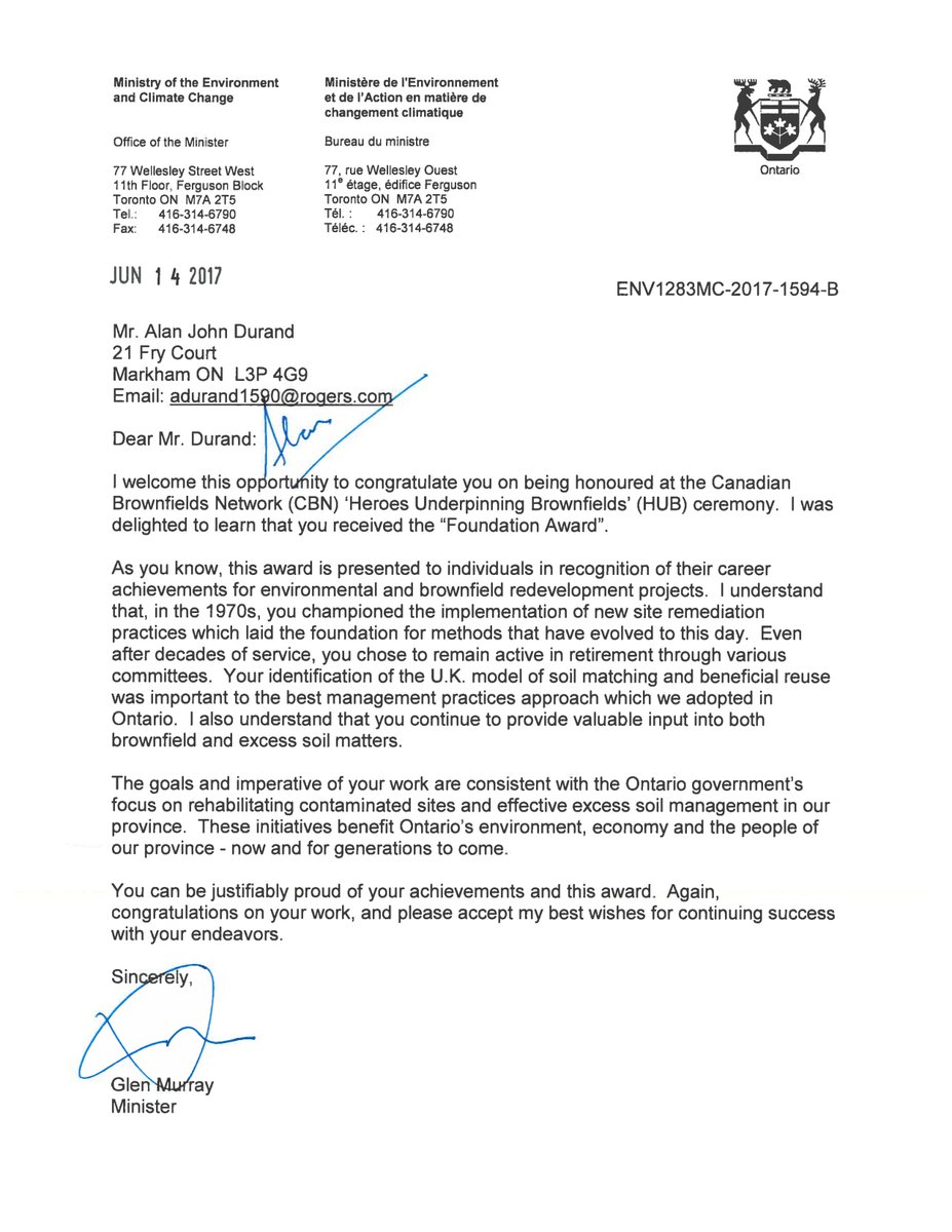 _RCCAO's tweet photo. 3/4 @Glen4ONT letter: "Your identification of the U.K. model of soil matching and beneficial reuse was important ..." #2017CBN #onpoli https://t.co/UZO6kn2Av5
