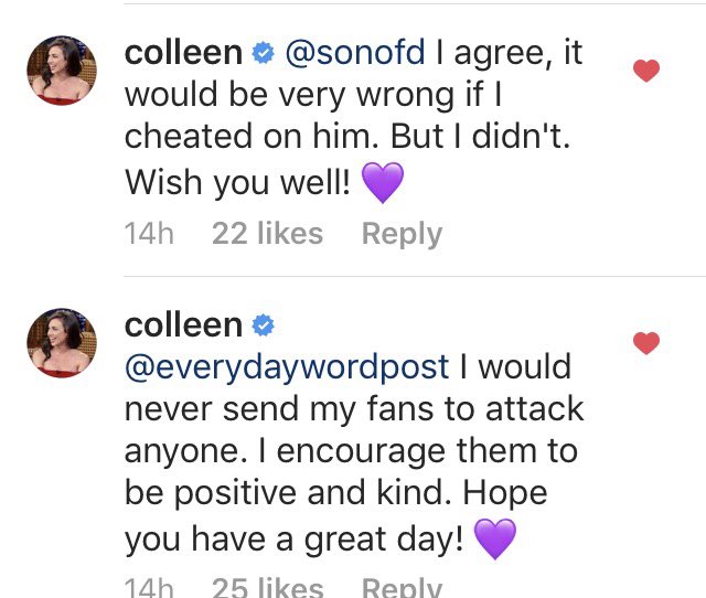 ballingerxkory's tweet photo. The way @ColleenB123 deals with hate is amazing! She's such a kind and genuine person 💜 https://t.co/YesrPKpaT9
