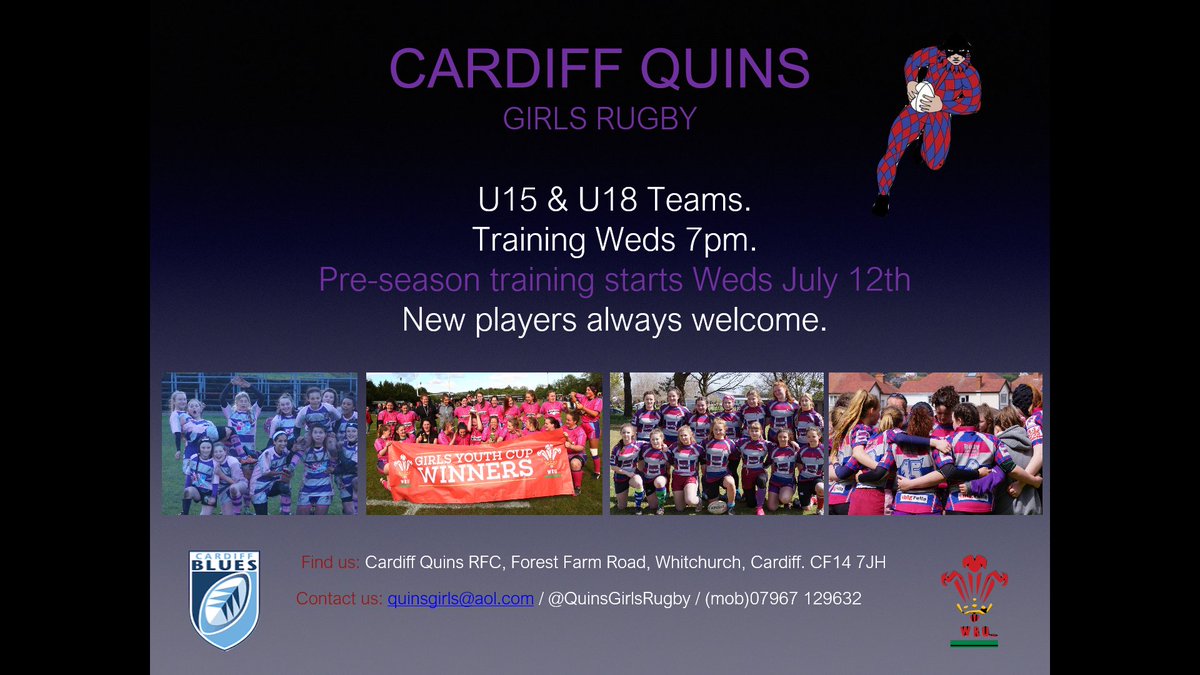 QuinsGirlsRugby's tweet photo. Pre-season training(Girls-sch yrs 8-13)starts Weds 12th July @CardiffQuinsRFC . New players always welcome. #ComeJoinUs #girlsrugby 🏉 #UTQ https://t.co/09Oxxl0ynD