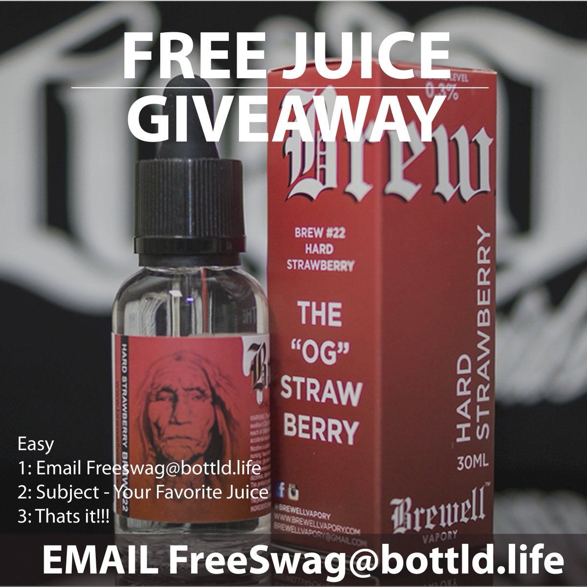 BottldLife's tweet photo. VAPE FOR FREE!!! HUGE JUICE GIVEAWAY!!!

-Like 
-Retweet
-Email - freeswag@bottld.life
-Subject - your favorite e-juice https://t.co/JruBaPPIMg