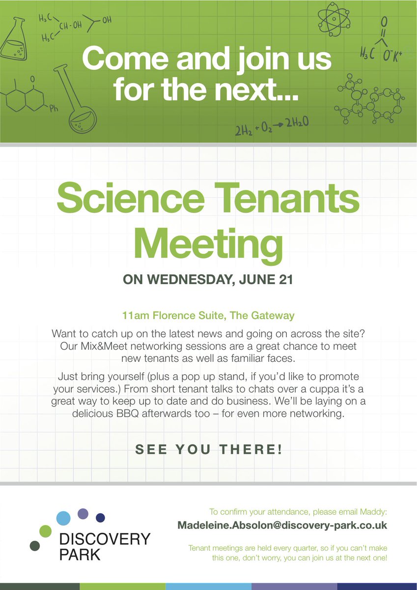 discoverypark_'s tweet photo. Don't forget to join us at our Science Tenant meeting next Wednesday - see attached for all details #science #DPTenantCommunity https://t.co/OqpBsUm6b8