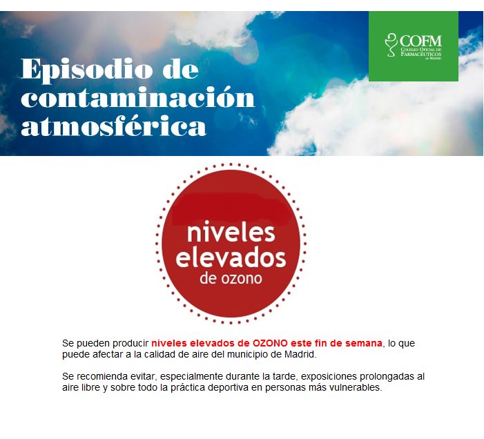 COFMadrid's tweet photo. #Alerta Se pueden producir niveles elevados de #OZONO este fin de semana, lo que puede afectar a la calidad de aire del municipio de Madrid https://t.co/VLty6LJBiw