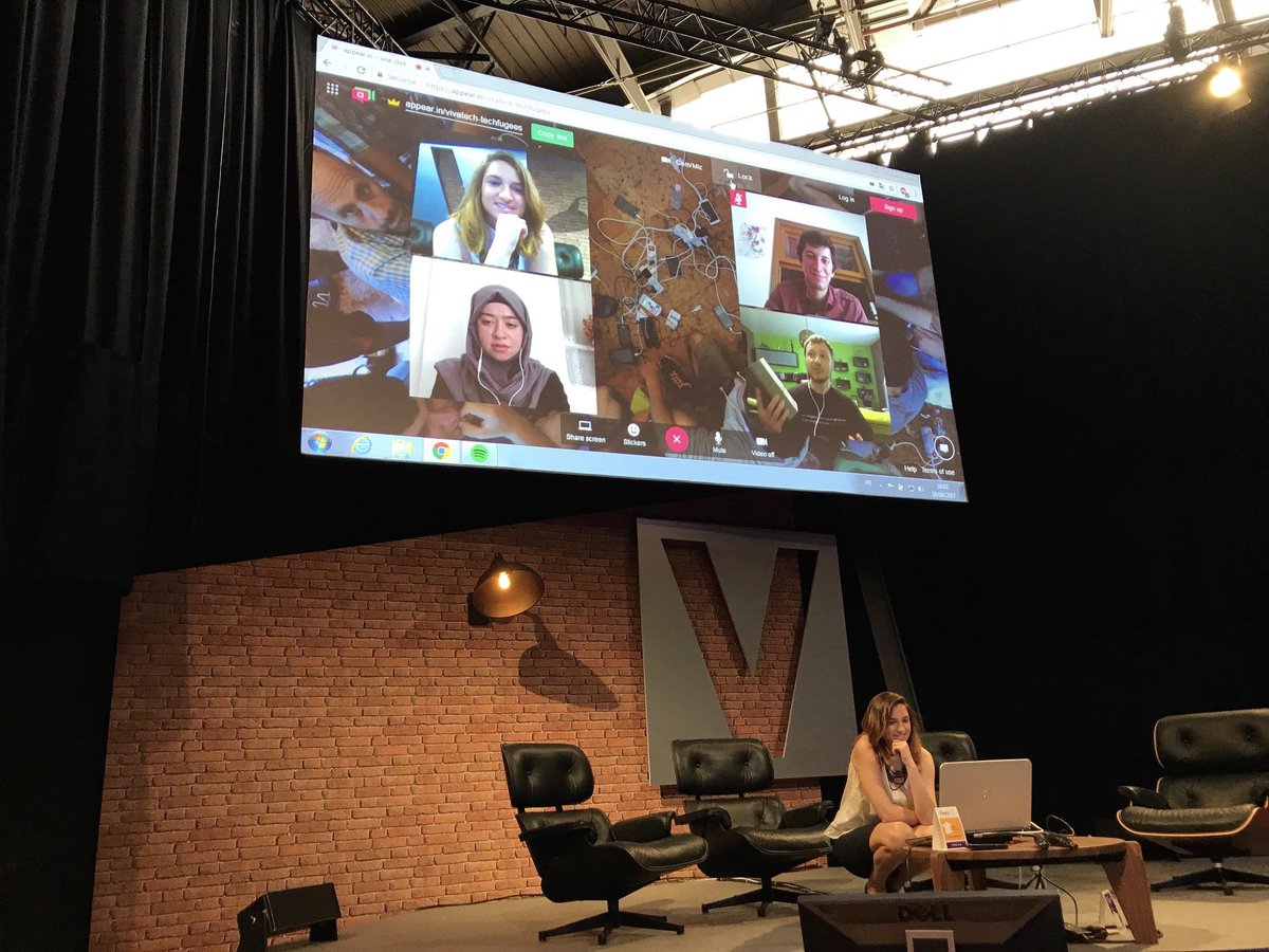 whereby's tweet image. Today we were used to bring in three amazing people live on stage for the @Techfugees talk at @VivaTech! Photo credit: @hneidhardt