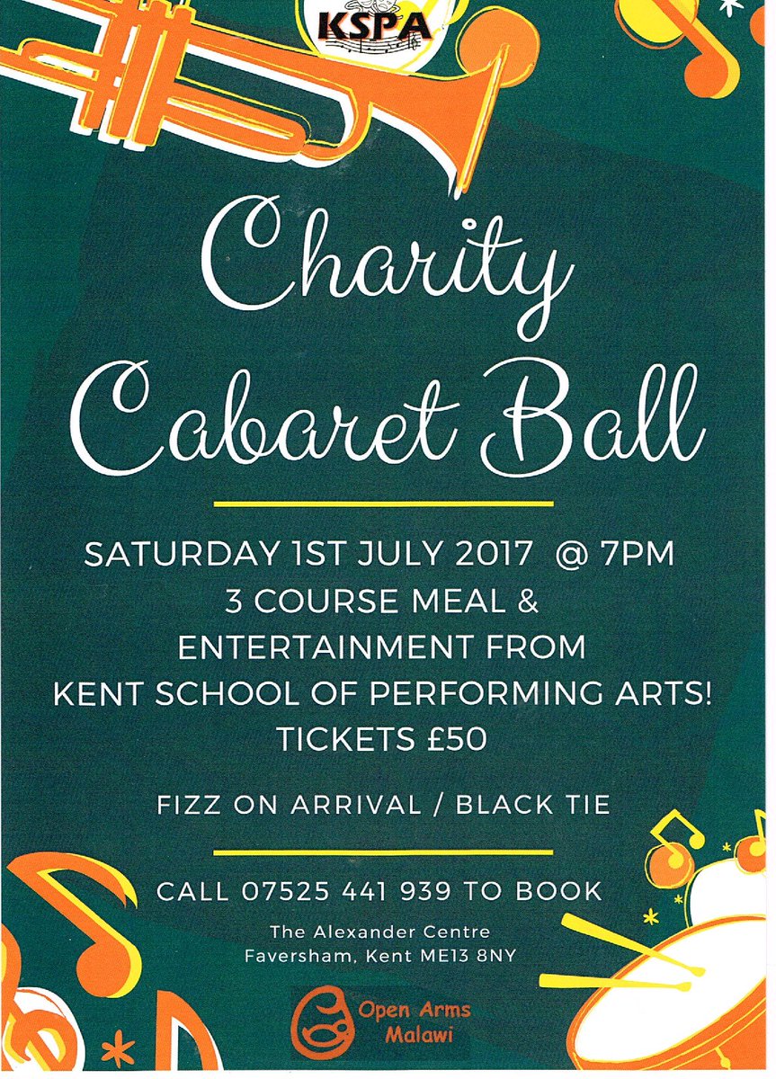 Enjoy fizz, a 3 course meal and cabaret from <a href="/kspaschool/">KSPA</a> at the Charity Cabaret Ball here 1st July, 7pm in aid of Open Arms Malawi.