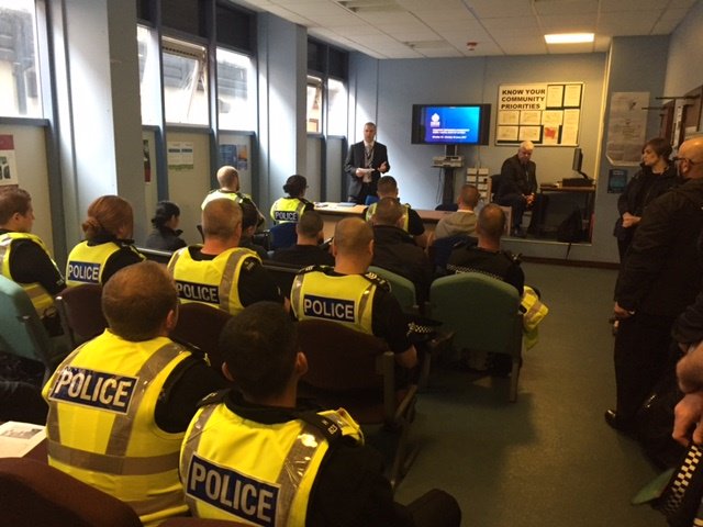 PoliceScotland's tweet photo. Here's our @GlasgowCPolice officers being briefed before they go out on #CTAW2017 duties 1/2 https://t.co/FYWLqGThlB