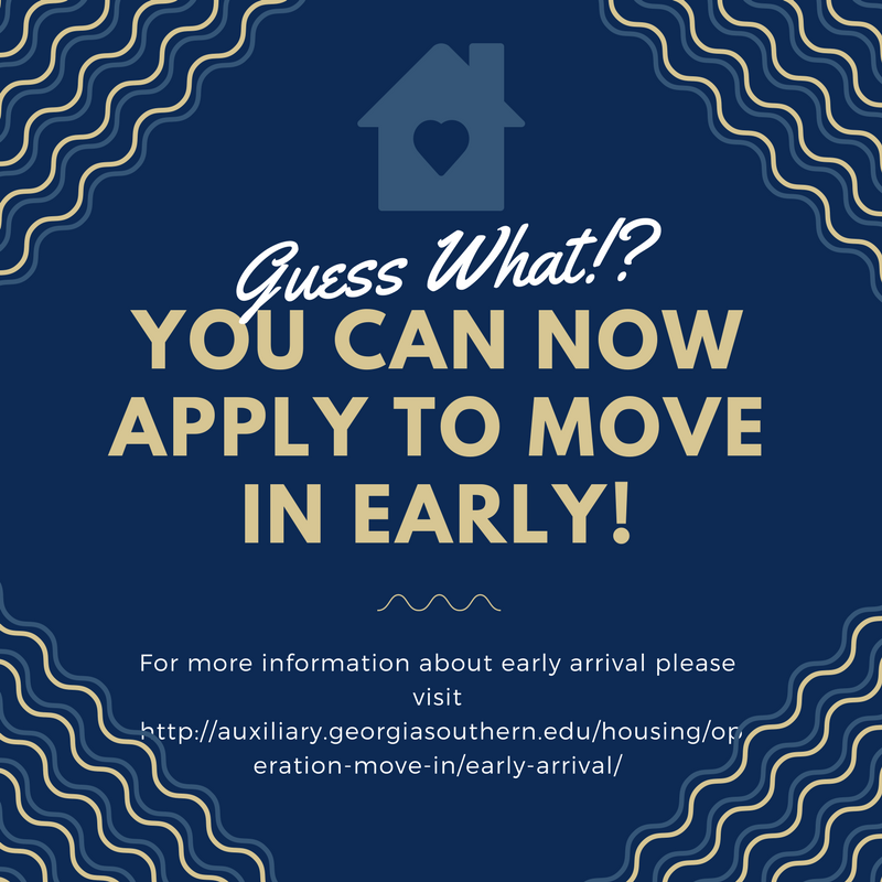 GaSouHousing's tweet photo. University Housing is now accepting applications for student who want to move in early! Use the link for more info:
 https://t.co/j7SEpXbgZ3 https://t.co/p1Hi9EDwlN