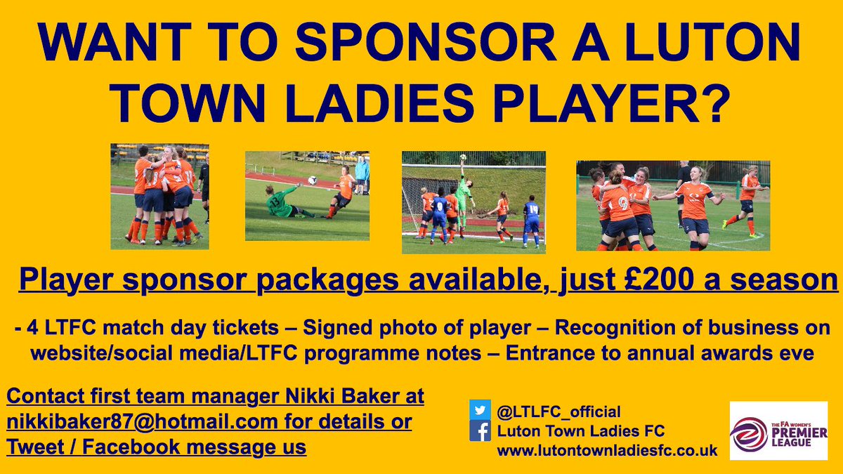 LutonTownLadies's tweet photo. Want to sponsor a Luton Town Ladies player? Just £200 a season. See below for details #LTLFC @LutonTown https://t.co/SPdhUHqfrP
