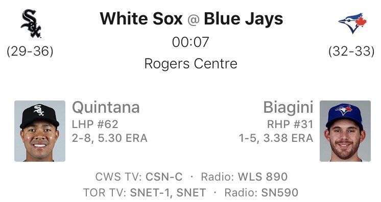 BlueJaysFansUK's tweet photo. Game details for tonight's matchup:
#WhiteSox @ #BlueJays
โพ๏ธ Joe Biagini #31
โฐ 12:07am BST
๐ Rogers Centre
๐จ๐ฆ #LetsRISE #goingfor500 https://t.co/TqWprmMsQU