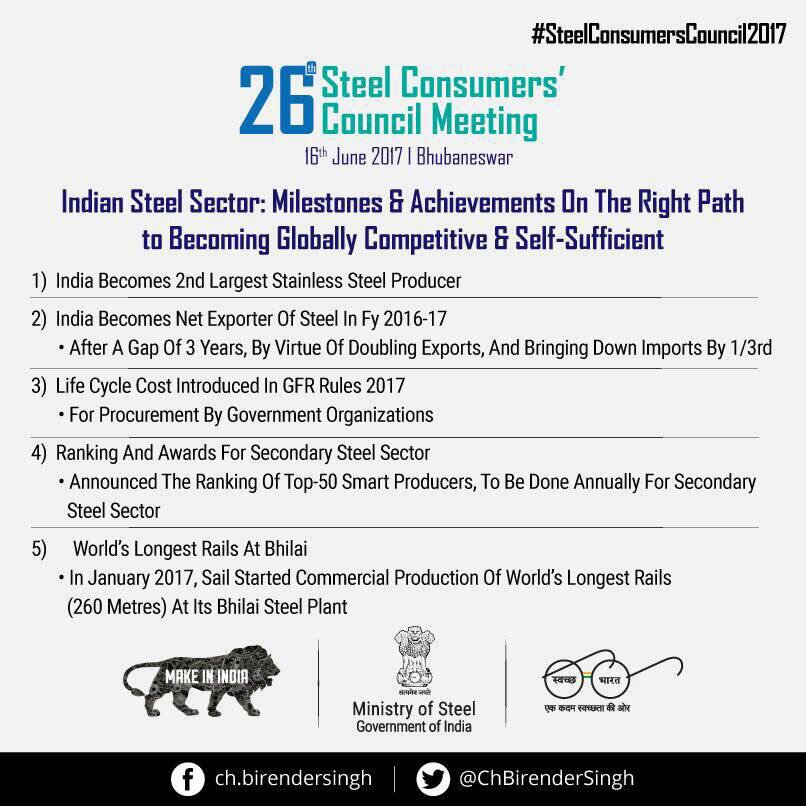 ChBirenderSingh's tweet photo. Last 6 months have been phenomenal for Steel sector. A few notable achievements are mentioned here.
#SteelConsumersCouncil2017
RTs welcome. https://t.co/UiolLBb3gd
