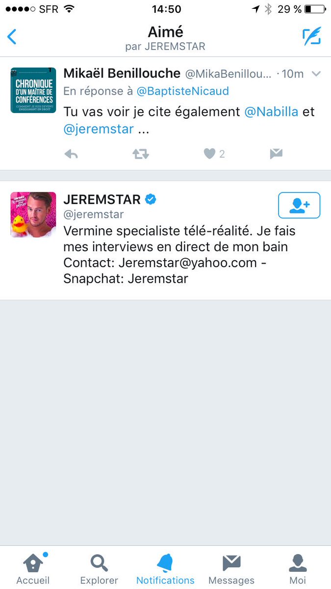 MikaBenillouche's tweet photo. En ce jour je passe à la postérité j'ai eu un "like" de @Nabilla et un autre de @jeremstar !!!! https://t.co/wjkcEbvpc7