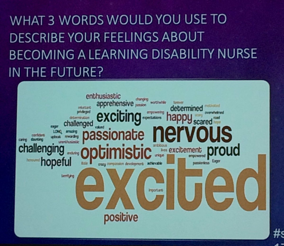 kellyjframe's tweet photo. Word cloud from students from @EdinburghNapier and @GCUNursing about the future of LD Nursing @i_stables @LDNmgallagher #sldnn17 #futureldn https://t.co/5x9aixDHxG