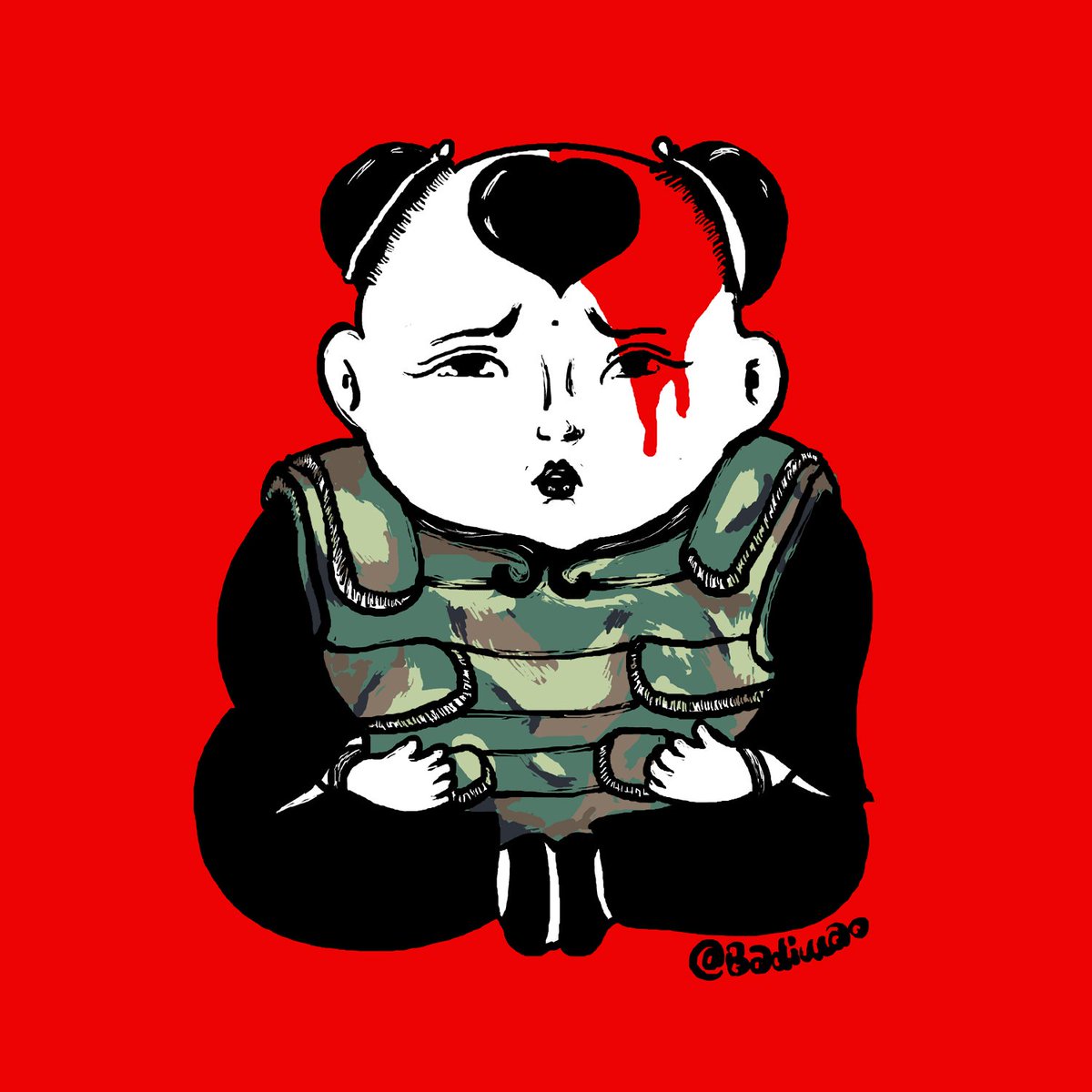 badiucao's tweet photo. #巴丢草 漫画 【娃娃的新装】据通稿，#徐州幼儿园爆炸案，死伤者情绪稳定，凶手缉拿归案，看来盛世依旧，只是家长要不要给家里娃添件避弹衣？
#badiucao cartoon on the explosion struck a kindy in China killing 7 https://t.co/pUYxXIC5UI