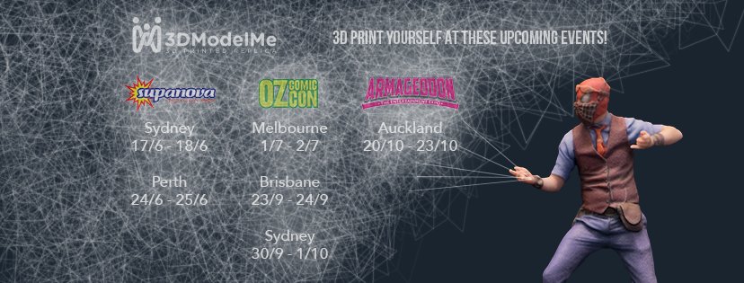 modelme3d's tweet photo. Get #3Dprinted! Upcoming #cosplay #comic events in #sydney #perth #melbourne #auckland. Visit us at #Supanova #OzComicCon #ArmaggedonExpo https://t.co/AQx7CLcr0W
