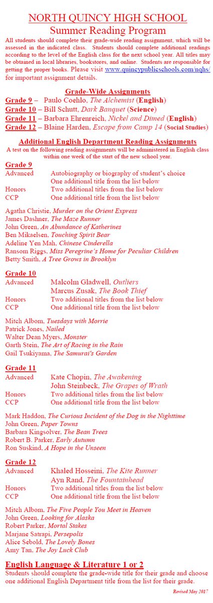 NQHSGuidance's tweet photo. @NQHS2018 @nqhs2019 @nqhs2020 #SummerReading list: https://t.co/sQSwMcyMbO
