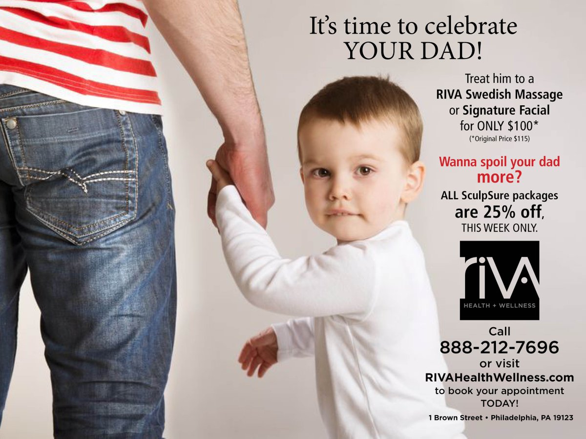 RivaHealth's tweet photo. TIME TO SPOIL DAD! Grab these amazing deals, call for ur appointment.
#FathersDaySpecial #Philly #SculpSure #SwedishMassage #SignatureFacial https://t.co/argBcD4iAf