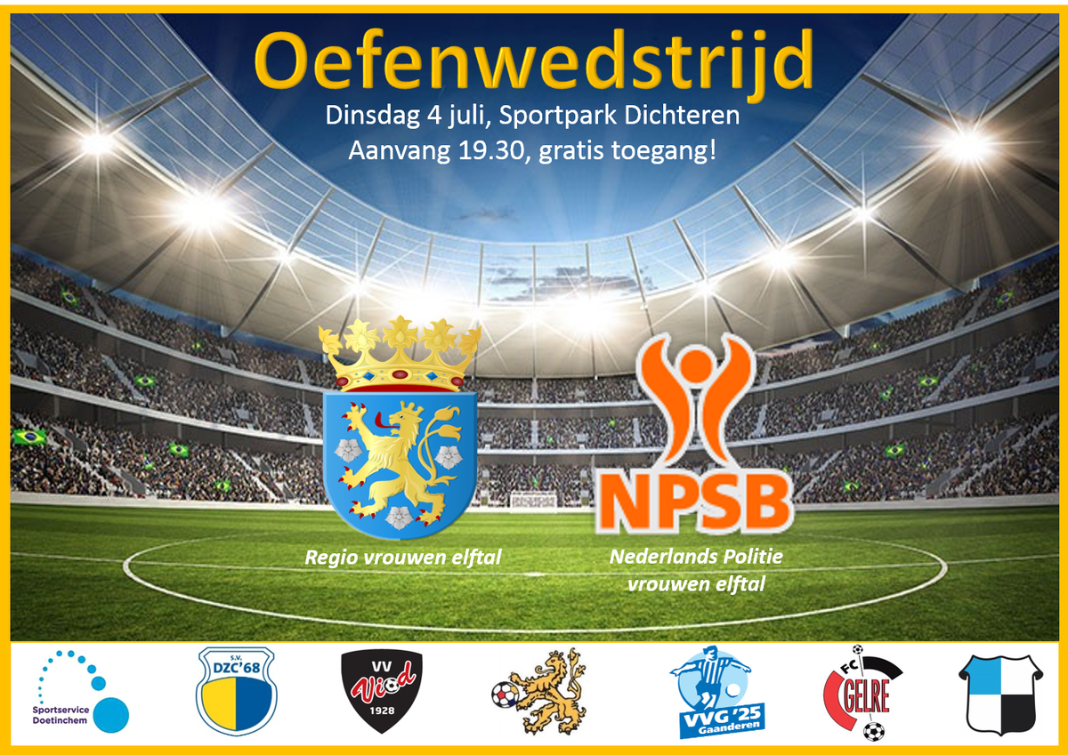 WEURODoetinchem's tweet photo. Dinsdag 4 juli wordt een voetbalwedstrijd gespeeld tussen een Regio Vrouwen team en het Nederlandse Politie Elftal! https://t.co/OsYdZyo2Wx https://t.co/RCHhObsOun