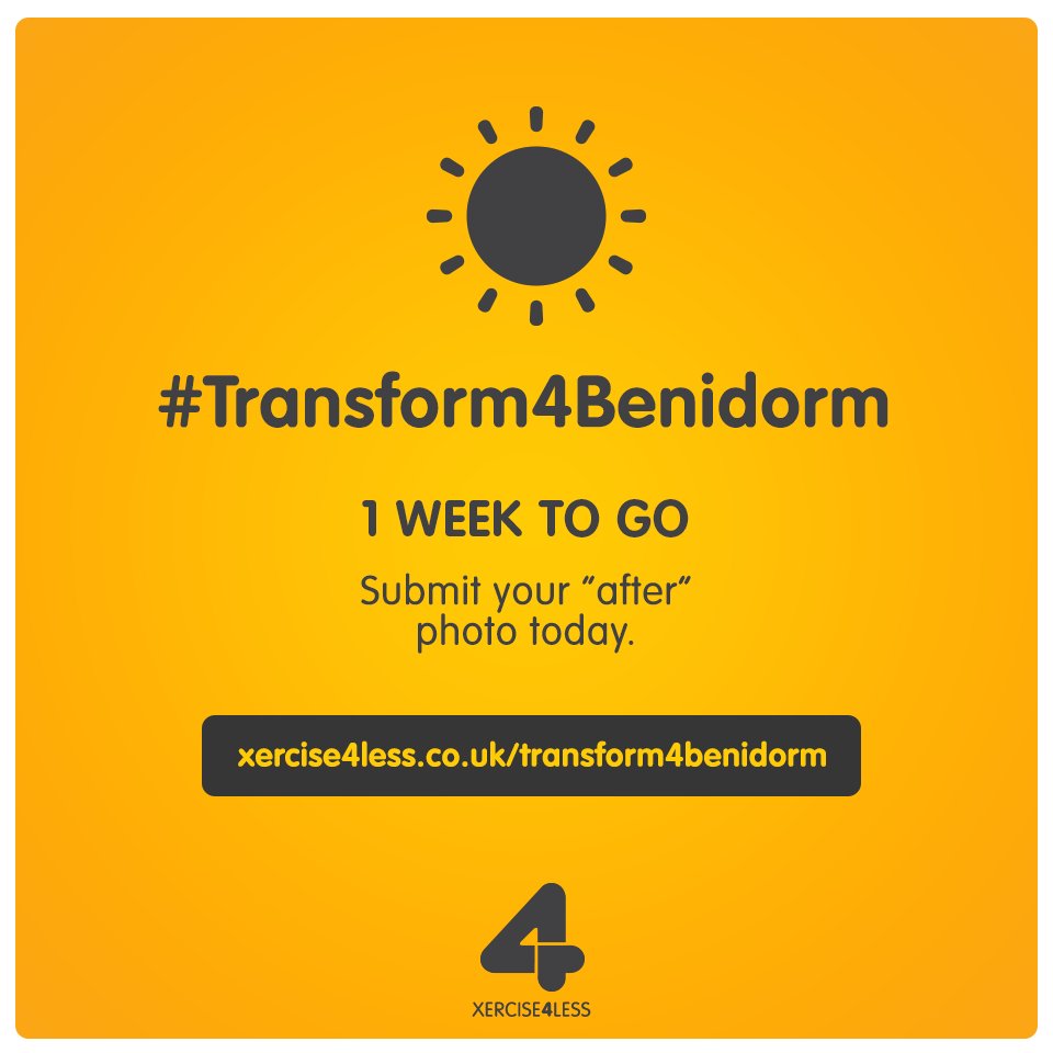Xercise4Less's tweet photo. 1 WEEK TO GO! πͺ#Transform4Benidorm
https://t.co/9TNEm1eWcQ https://t.co/HGUbbJNc37