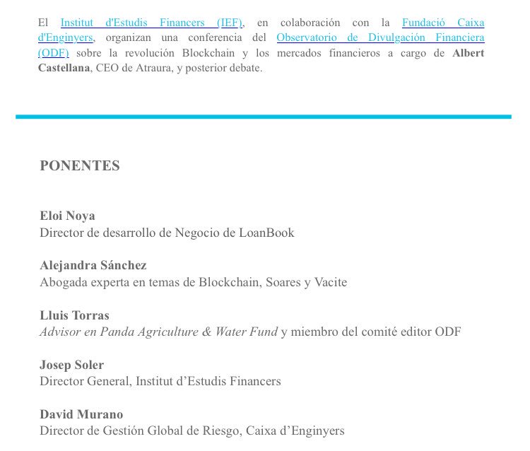 TorrasLuis's tweet photo. 📅 #Blockchain y mercados financieros. @josepsoler_ief @CaixaEnginyers @efpa_es @EloiNoya @Loanbookcapital @kstellana @AtrauraBC @IEF_org https://t.co/4yP9BzN3dT