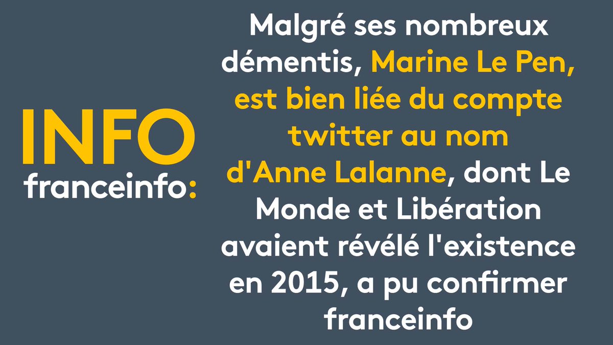 franceinfo's tweet photo. INFO FRANCEINFO. Marine Le Pen se cache bien derrière le compte Twitter @enimar68 d'Anne Lalanne https://t.co/Rm9l6N9Oen https://t.co/eJTjRuV9nl