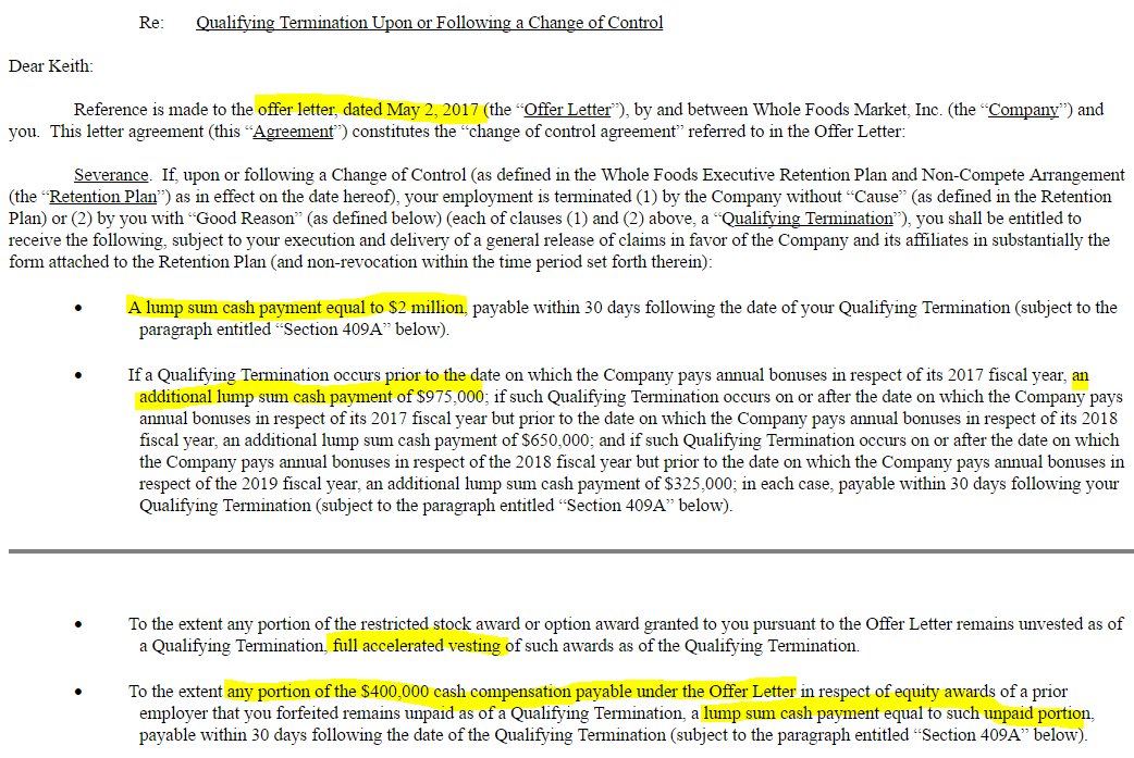 Daniel Gilbert Pa Twitter Whole Foods Cfo Hired Just Last Month Could Get A 3m Payout Vesting Of Restricted Stock If Laid Off After Amazon Deal Https T Co Qokdtiyper