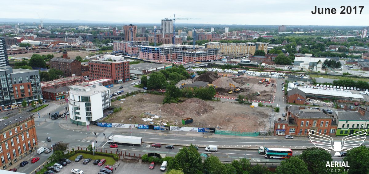 AerialVideoTV's tweet photo. Only 8 months apart from The Crescent in #Salford #BlackHorse #demolition #construction @MiddlewoodMcr @CarpinoPlace @renaker #oneregent https://t.co/M9ZRHyjgg7