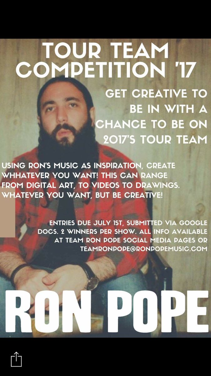 TeamRonPope's tweet photo. Woo, it's that time again! Want to be a part of tour team 2017? Get creative and use Ron as your inspiration! See details below. Good luck! https://t.co/sxGsWXYt7v