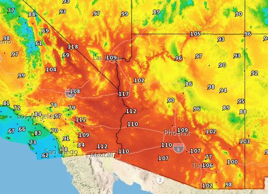 NWSSpokane's tweet image. Just for fun, here's the forecast high temperature across the SW today. 117° expected in Lake Havasu, 118° in Death Valley: #warmish