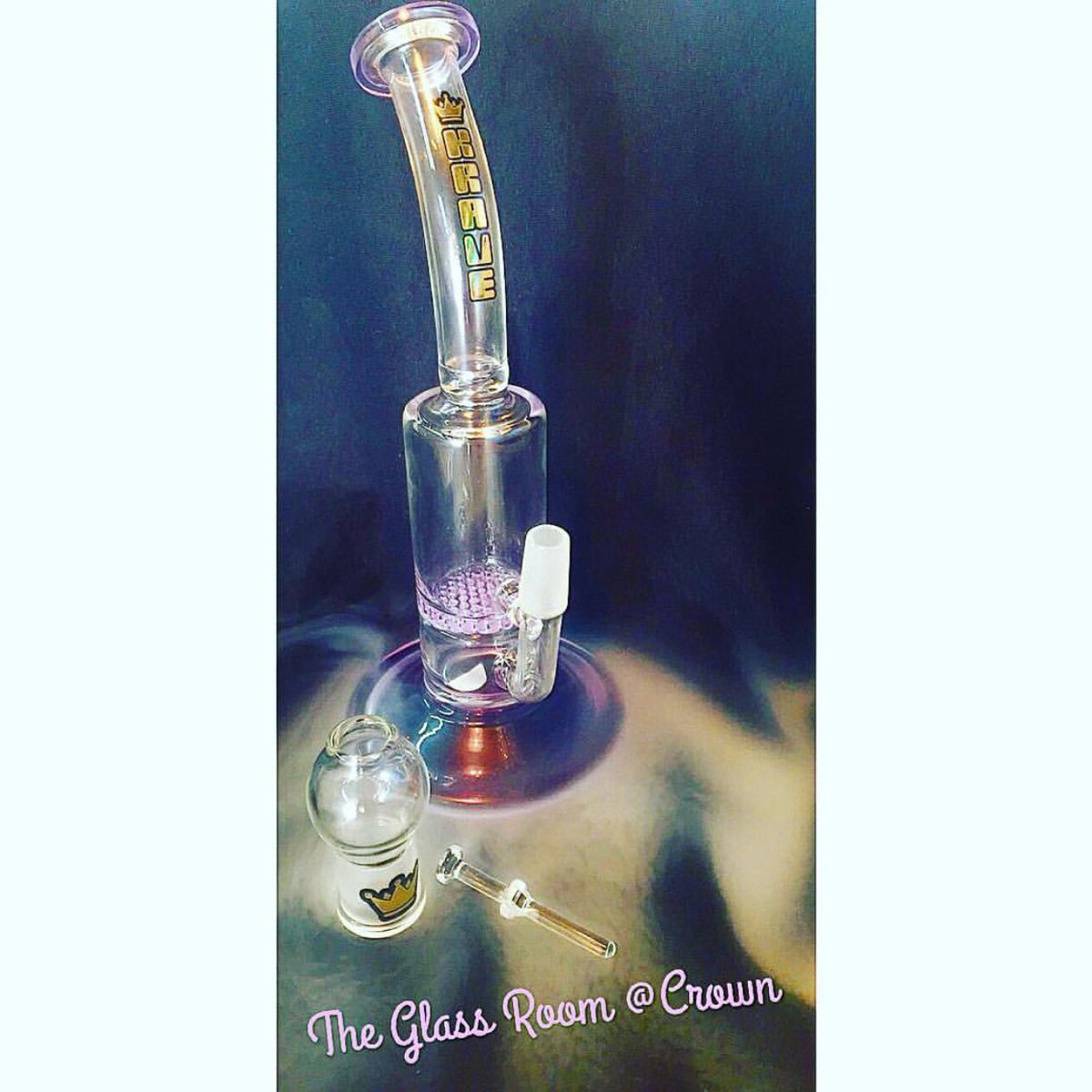 💥New Krave Glass💥 Stop by either Crown locations to check out this small purple concentrated rig with a single honeycomb filtration!🐝