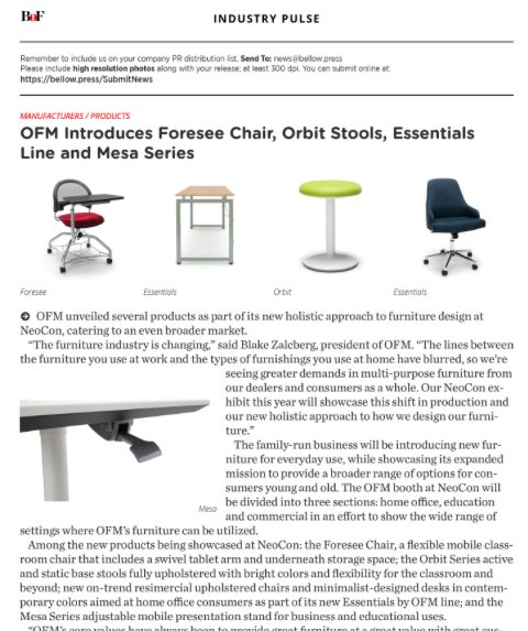 OFMINC's tweet photo. Thanks to @BellowPress for featuring OFM in #BusinessofFurniture on all our new product introductions at #NeoCon17! https://t.co/agBeSaflre https://t.co/1JvLBLLtZU