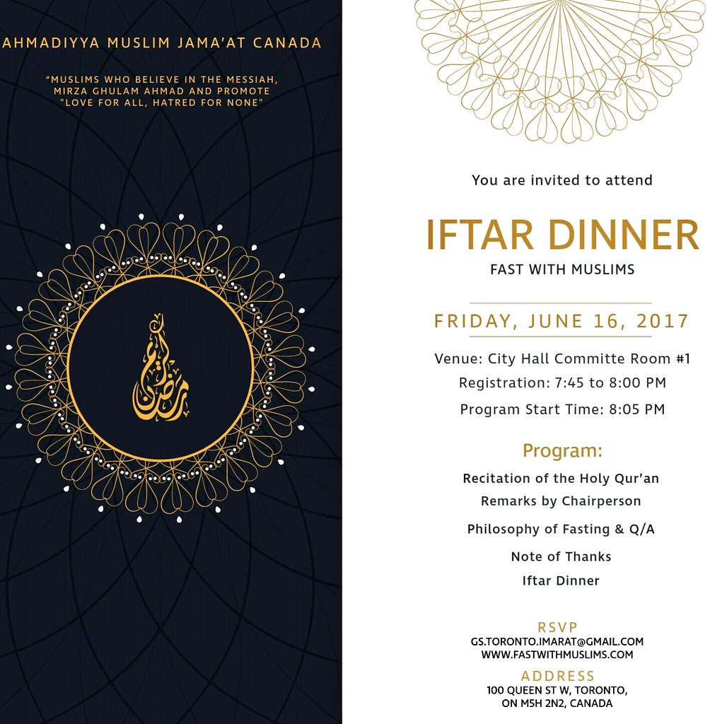 ahmadiyyacanada's tweet photo. Toronto City Hall will be host to a special #Ramadan program tonight as part of the #FastWithMuslims campaign.
Join us for the Iftaar meal! https://t.co/NlCv4H4zfk