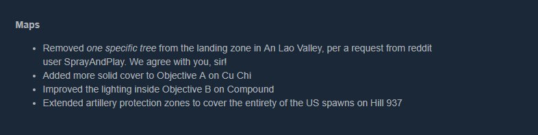 15 days ago on RS2 Vietnam reddit a pilot made a popular post about "one specific tree" he wanted removed.  Patch notes came out today. LOL