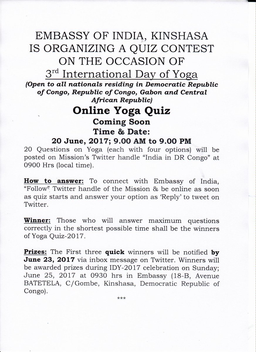 IndiainDRC's tweet photo. Online Yoga Quiz is being organized by Indian Embassy in Kinshasa. https://t.co/NfscqDdOBx