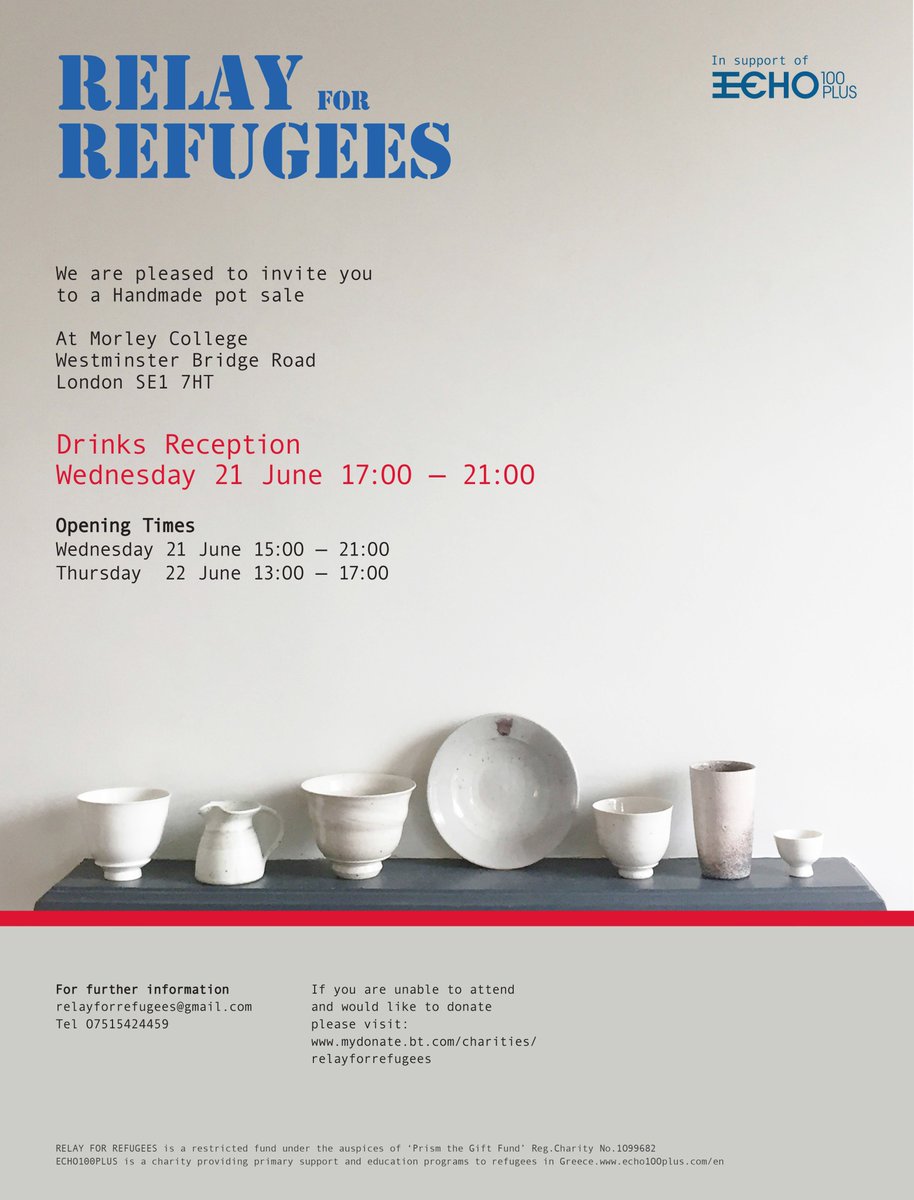 Relay for refugees - a handmade pot sale will be taking place at <a href="/morleycollege/">Morley College London</a> next Wednesday 21 &amp; Thurs 22nd June