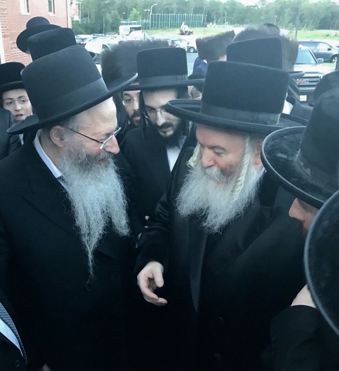 Bobov Rebbe with Horav Malkiel Kotler last night at a Chupa in Lakewood.