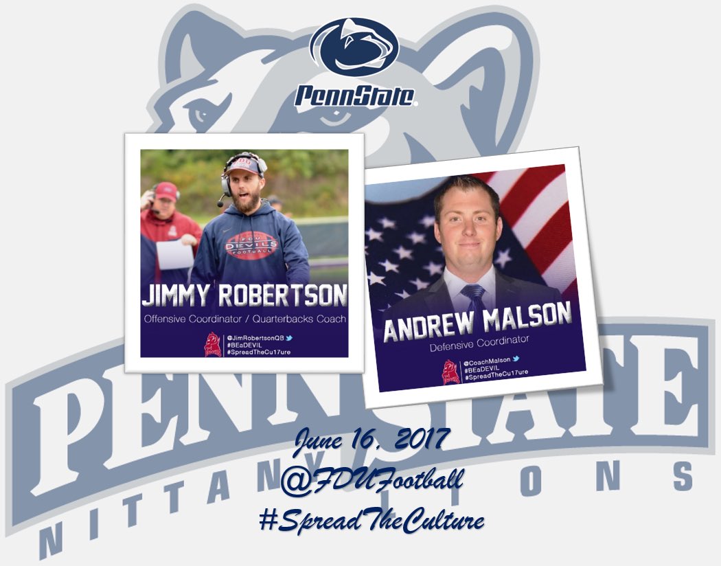 FDUFootball's tweet photo. Big day for OC @JimRobertsonQB & DC @CoachMalson as they head to @PennStateFball Camp!!! #BEaDEVIL #SpreadTheCu17ure #PA2NJ #FDU https://t.co/JUVZr2ISqn
