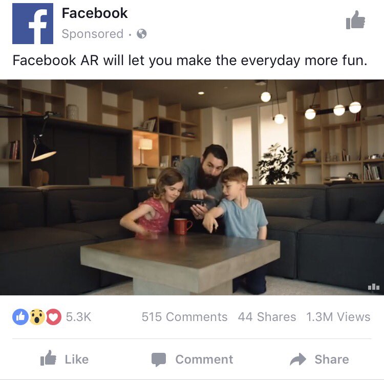 Much confuse. How is this entire family's reality augmented by the screen the dad is looking at in this Facebook ad? Pls Advise.