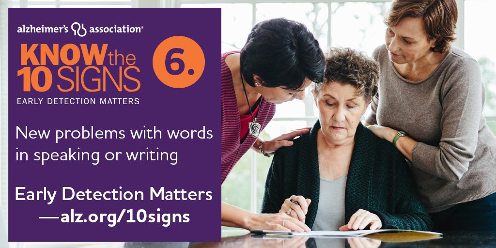 alztex's tweet photo. #alzSigns #6New problems w/ words in speaking or writing - it's Alzheimer's & Brain Awareness Month, Know the signs https://t.co/C7clBwowcJ https://t.co/VFL27LKWz1