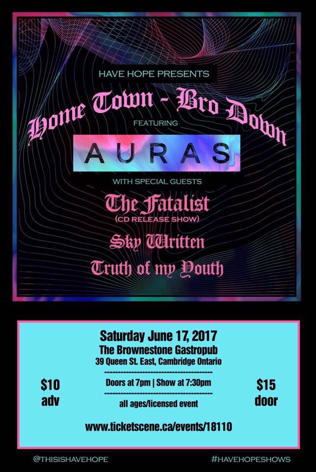 Tomorrow! <a href="/aurasofficial/">AURAS</a> returns home to #CambridgeOn at <a href="/BrownestoneGP/">The Brownestone GP</a> w/ <a href="/TheFatalistCA/">The Fatalist</a> <a href="/SkyWrittenBand/">Sky Written</a> and #truthofmyyouth! See you here!