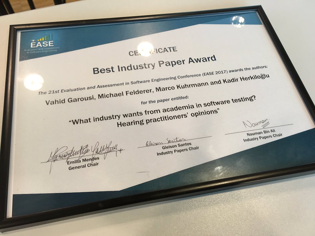 kuhrmannm's tweet photo. Great! Our provocing paper on ind-acad-collaboration won the Best Industry Paper Award at #ease2017 @mfelderer @vgarousi Thanks a lot! https://t.co/wWoR76qHgJ